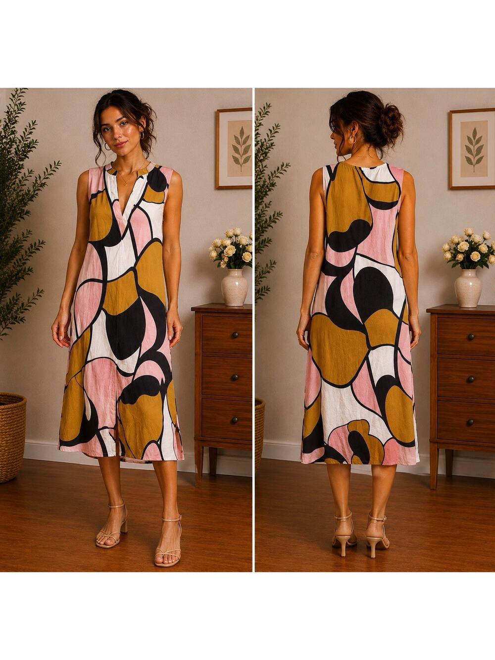 Women’s 3XL Abstract Print Sleeveless Midi Dress Boho Chic NWT